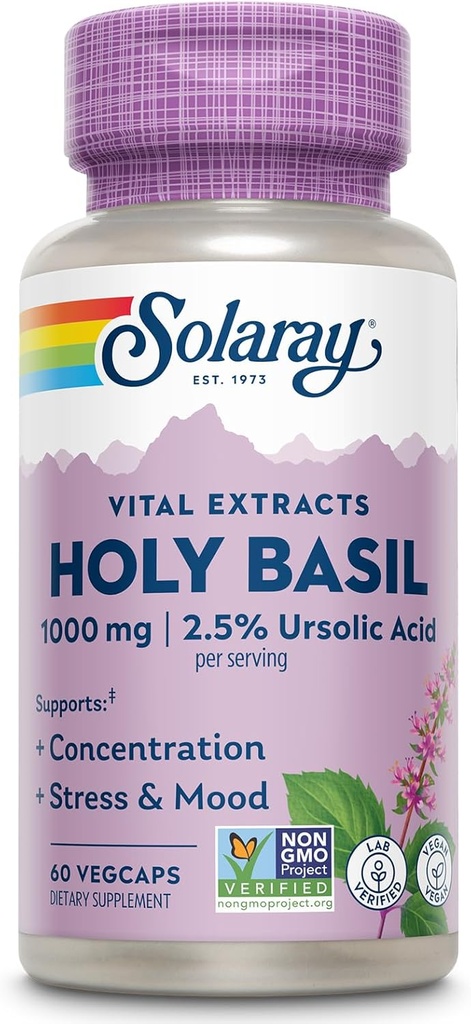 SOLARAY Holy Basil 1000 mg - Tulsi Holy Basil Adaptogen avec 2,5 % d'acide ursolique - Soutien, focus, stress occasionnel et soutien de l'humeur - Non-OGM, végétalien, sans gluten, garantie de 60 jours, 30 portions