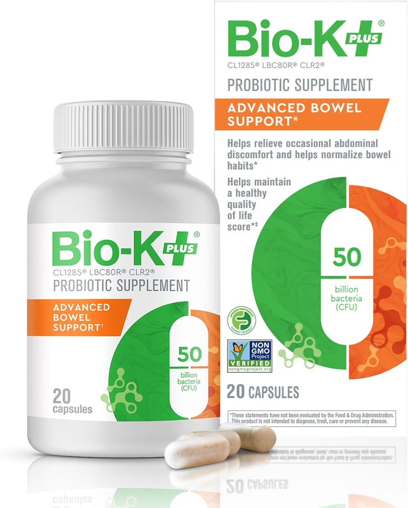 Bio-K+ Advanced Bowel Support Probiotic – 50 milliards CFU – Vegan, sans gluten, non-OGM – soutient la santé et la régularité digestives – pour les hommes et les femmes – 20 capsules