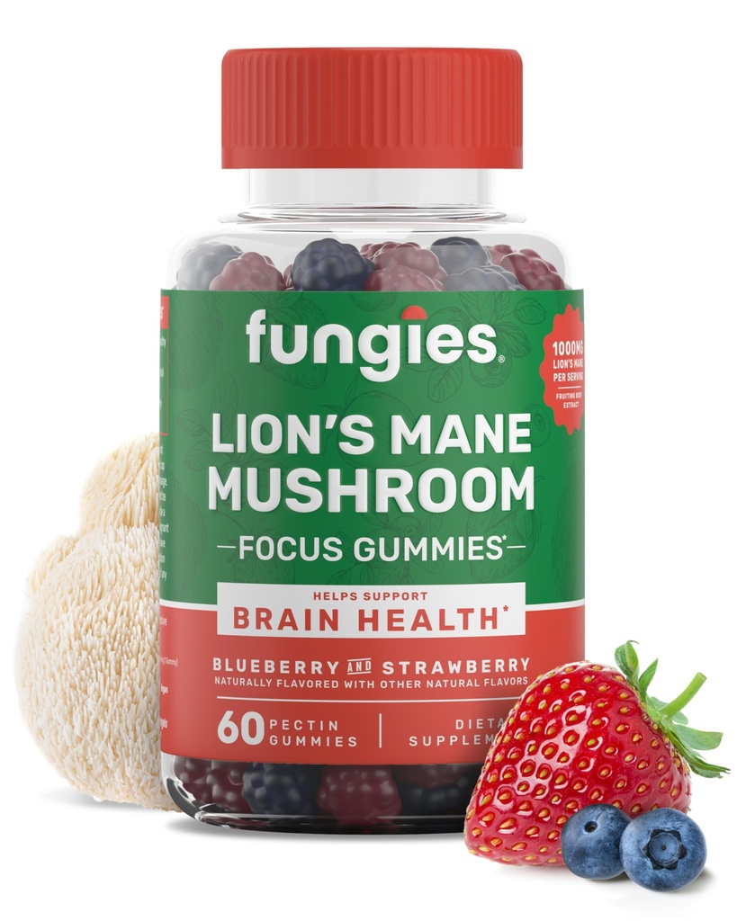 Fungies Mushroom Mane du Lion Gummies, Mixed Blueberry & Strawberry Flavor - Supplément de champignons Gummy pour adultes et enfants soutient la santé cérébrale, fonction cognitive, focus, mémoire et humeur, 60 services
