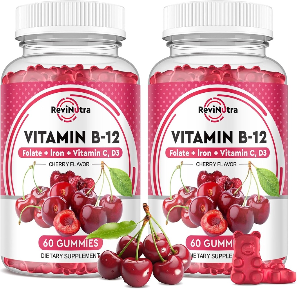 Vitamine B12 Gommies - 5000 mcg de méthylcobalamine avec fer, vitamine C, D3 et folate, soutien énergétique et métabolisme, Immune, B-12 Complex Chewable Supplément pour hommes et femmes, 120 Compte, 2 Pack