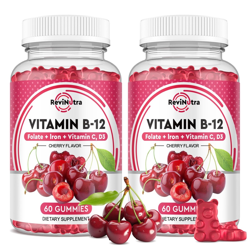 Vitamine B12 Gommies - 5000 mcg de méthylcobalamine avec fer, vitamine C, D3 et folate, soutien énergétique et métabolisme, Immune, B-12 Complex Chewable Supplément pour hommes et femmes, 120 Compte, 2 Pack