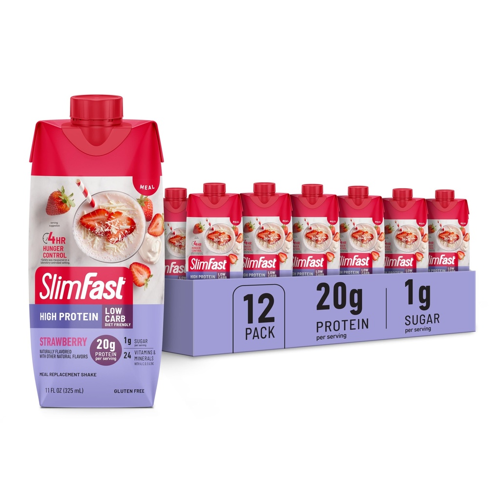 SlimFast Protein Shake, fraise- 20g de protéines, substitut de repas Shake Prêt à boire, haute protéine avec faible glucides et faible sucre, 24 vitamines et minéraux, 12 comte (paquet de 1) (emballage mai Varier)