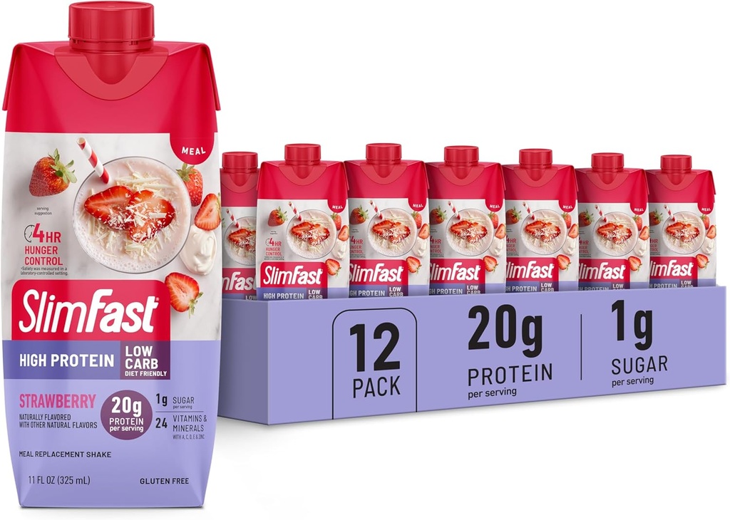 SlimFast Protein Shake, fraise- 20g de protéines, substitut de repas Shake Prêt à boire, haute protéine avec faible glucides et faible sucre, 24 vitamines et minéraux, 12 comte (paquet de 1) (emballage mai Varier)