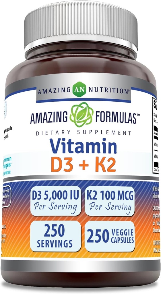 Amazing Formulas Vitamin D3 5000 IU with Vitamin K2 100 Mcg| 250 Veggie Capsules | D3 + K2 Complex | Non-GMO | Gluten Free | Made in USA