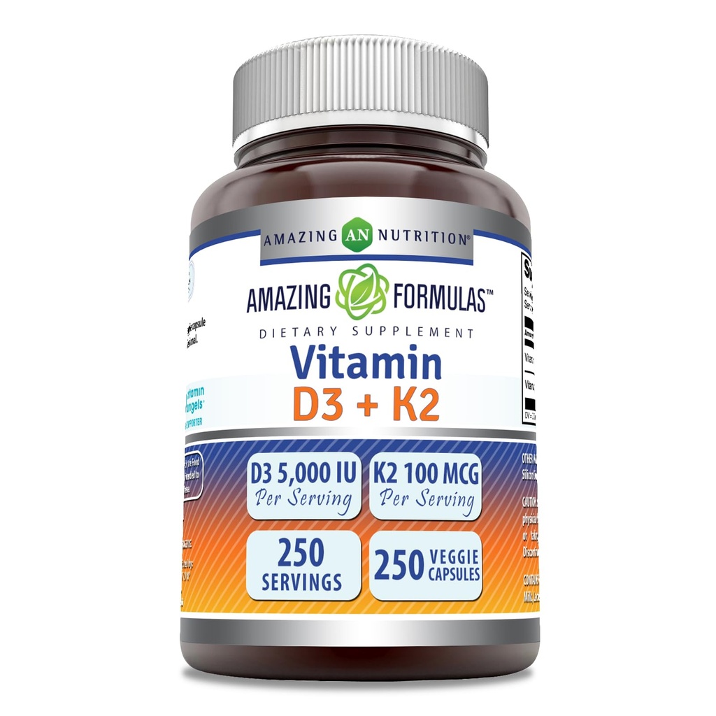 Formules étonnantes Vitamine D3 5000 UI avec Vitamine K2 100 Mcg. 250 Capsules Végétiques D3 + Complexe K2.