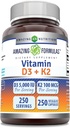 Formules étonnantes Vitamine D3 5000 UI avec Vitamine K2 100 Mcg. 250 Capsules Végétiques D3 + Complexe K2.