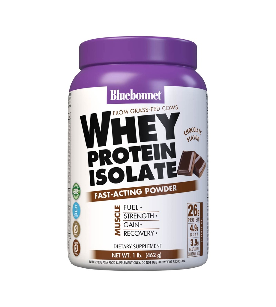 Bluebonnet Nutrition Whey Protein Isolate Poudre, Whey de vaches herbeuses, 26g de protéines, Pas de sucre ajouté, sans gluten, sans soja, lait casher, 1 Lb, 14 portions, saveur de chocolat