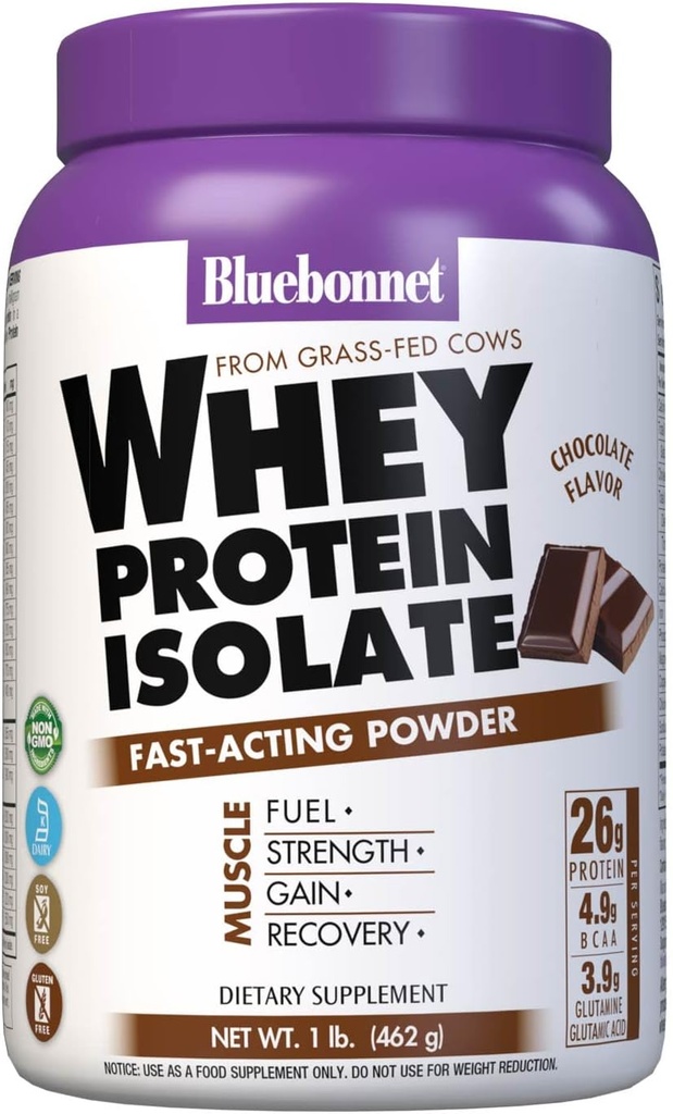 Bluebonnet Nutrition Whey Protein Isolate Powder, Whey From Grass Fed Cows, 26g of Protein, No Sugar Added, Gluten Free, Soy free, kosher Dairy, 1 Lb, 14 Servings, Chocolate Flavor