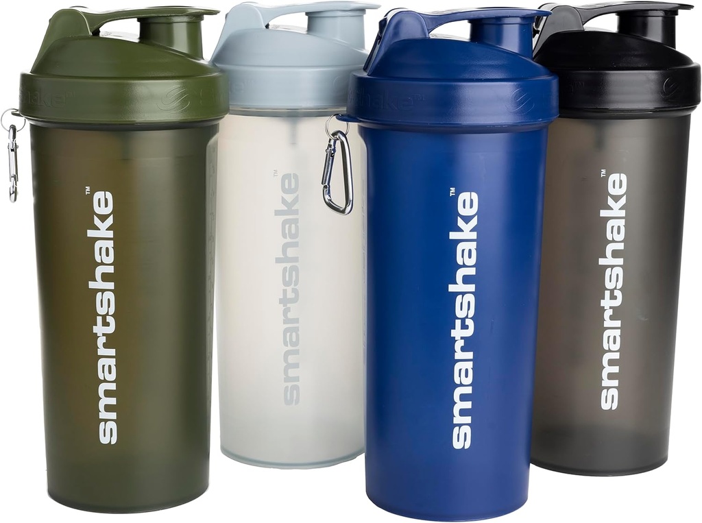 Smartshake Lite 4-Pack Protein Shaker Bouteille 1000 ml de 34 oz - Vis étanche - BPA Gratuit – Unisexe - Mist Gray, Vert de l'Armée, Noir, Bleu marine