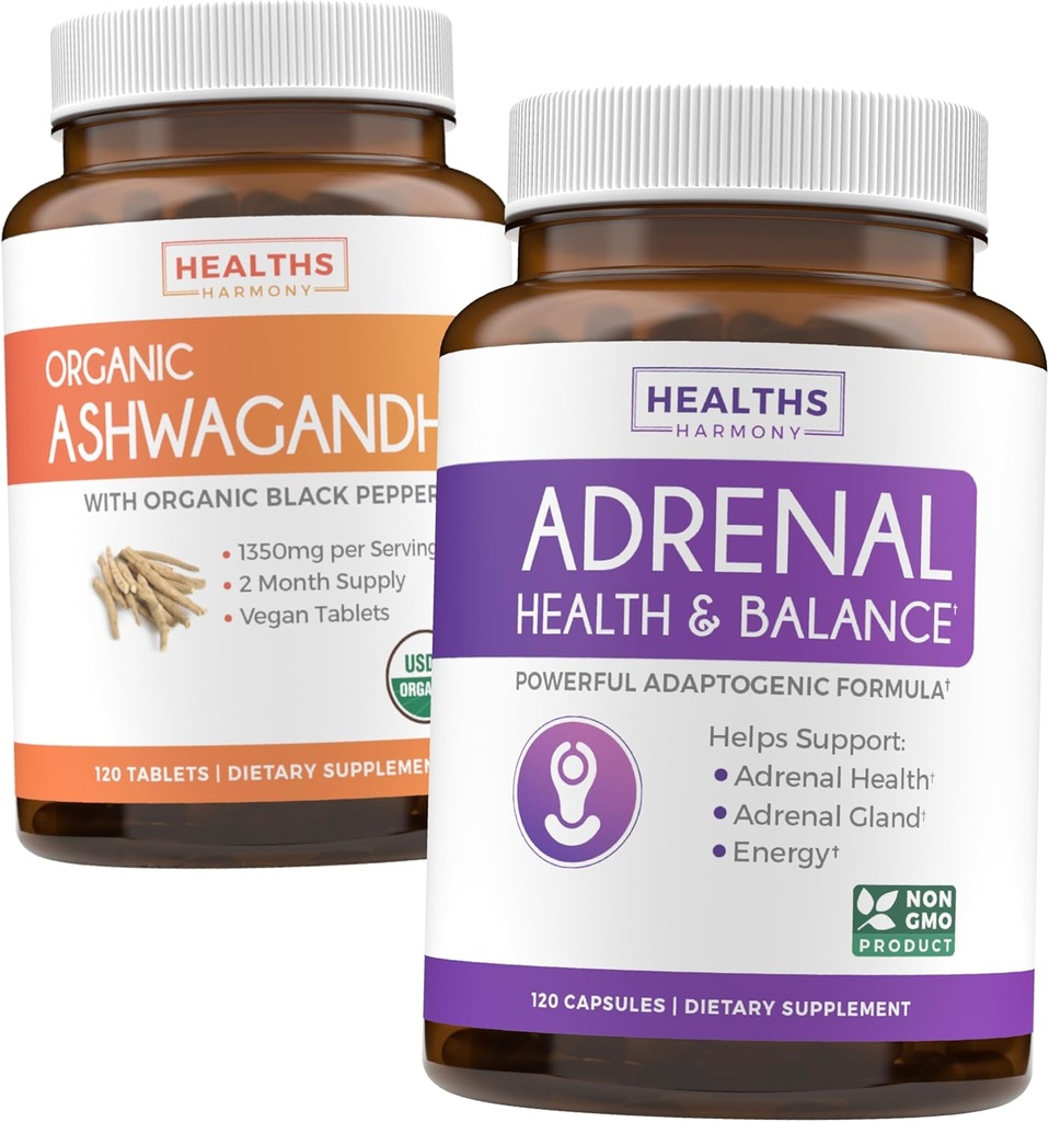 Ashwagandha & Adrénal (2-Mois d'approvisionnement) Pack d'équilibre adrénal - Support adrénal et cortisol naturel d'Ashwagandha biologique (120 Caps) & Adrénal System & Cortisol Manager L-Tyrosine Fatigue Support (120 Cap)