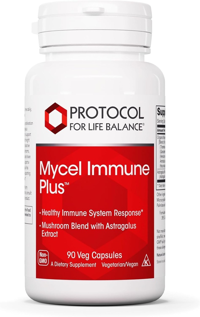 Protocol Mycel Immune Plus - Mélange de champignons avec extrait d'Astragalus - Supplément de support immunitaire* - Cordyceps, Lions Mane, Maitake & More - Non-OGM & Kosher - 90 capsules de légumes