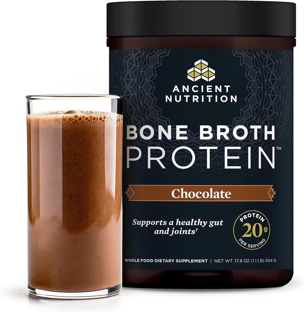 Ancient Nutrition Poudre de protéines faite à partir de vrais os, chocolat, 20g de protéines par portion, 20 Tuyau de service, Supplément de collagène hydrolysé sans gluten, Great in Protein Shakes