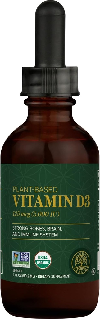 Global Healing Center - USDA Bio Vitamine D3 5000IU gouttes de supplément liquide pour les femmes et les hommes - Non-OGM aide à soutenir les os et le système immunitaire, Vegan-friendly Formule livre forme active de vitamine D