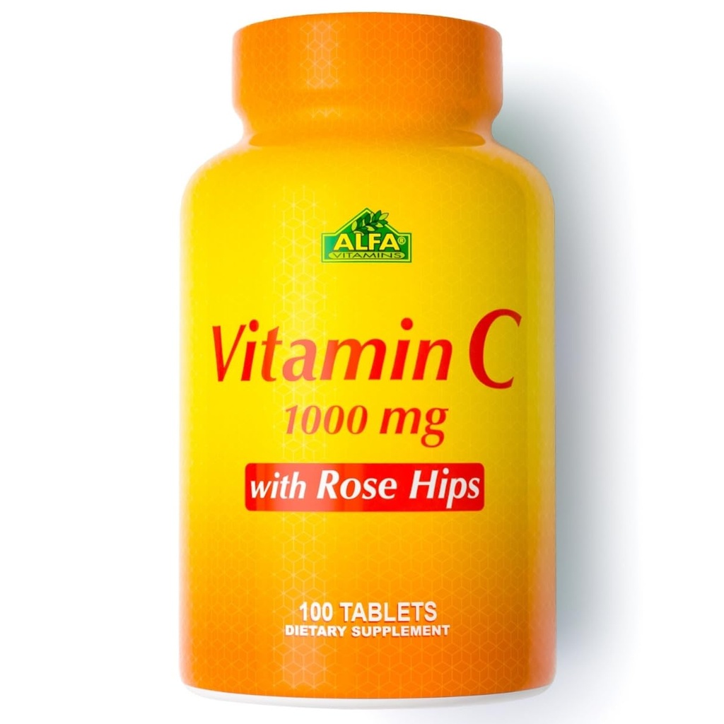 ALFA VITAMINS Vitamine C avec HIPS Rose avec 1000 mg Vitamine C par portion - Antioxydants et immunosupport + soutient une peau et des articulations saines - Non OGM, végétalien, sans gluten, sans lait - 100 Comprimés
