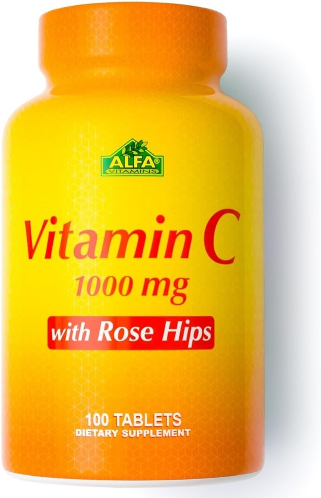 ALFA VITAMINS Vitamine C avec HIPS Rose avec 1000 mg Vitamine C par portion - Antioxydants et immunosupport + soutient une peau et des articulations saines - Non OGM, végétalien, sans gluten, sans lait - 100 Comprimés