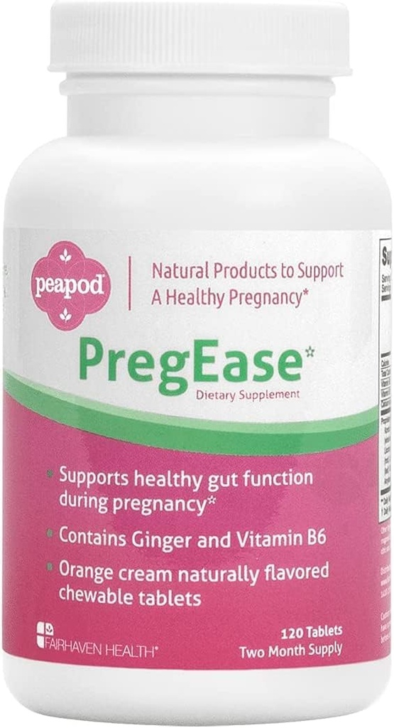 Fairhaven Heath Peapod PregEase Matin Maladie Supplément pour femmes enceintes - Tablettes à croquer orange douce avec gingembre et vitamine B6-2 mois d'approvisionnement