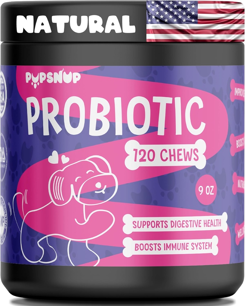 PupSnup- Probiotiques pour chiens- Soutien santé Gut, santé digestive et boosts système immunitaire- citrouille et papaye en poudre- 120 chews doux- Fabriqué aux États-Unis
