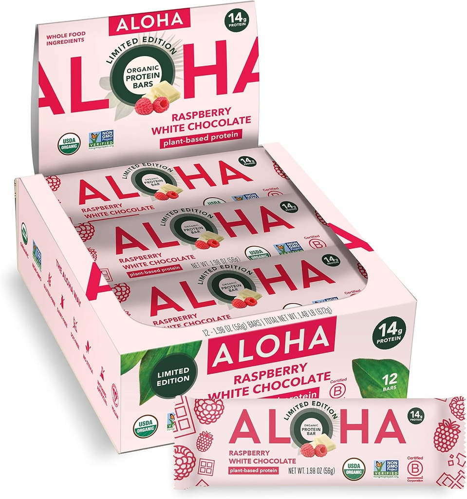 ALOHA Organic Plant Based Protein Bars de Chocolat blanc framboise de 12 Nombre, 1,98oz Bars de légumes, sucre faible, sans gluten, Paléo, faible teneur en glucides, non-OGM, sans Stevia, sans soja, sans édulcorants d'alcool de sucre: ÉDITION LIMITÉE