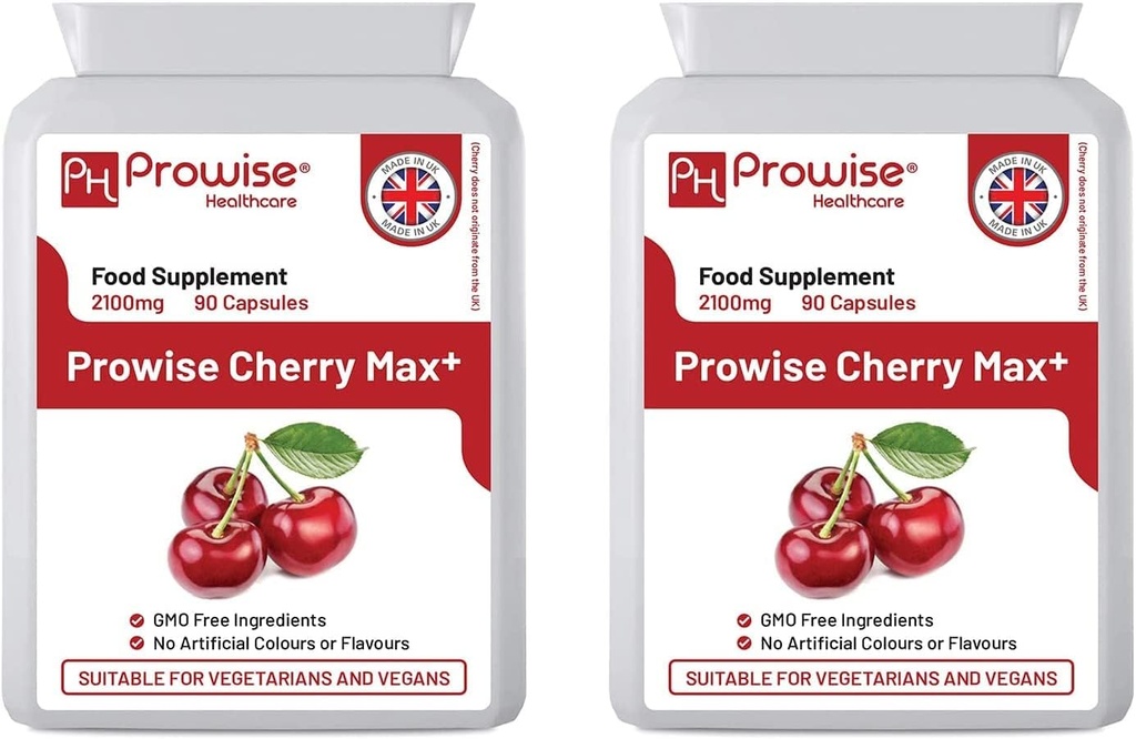 Cherry Max+ (Pack of 2) 2100mg Montmorency Cherry Added with Black Cherry I 90 Vegan Capsules High Strength I Made in The UK by Prowise Healthcare