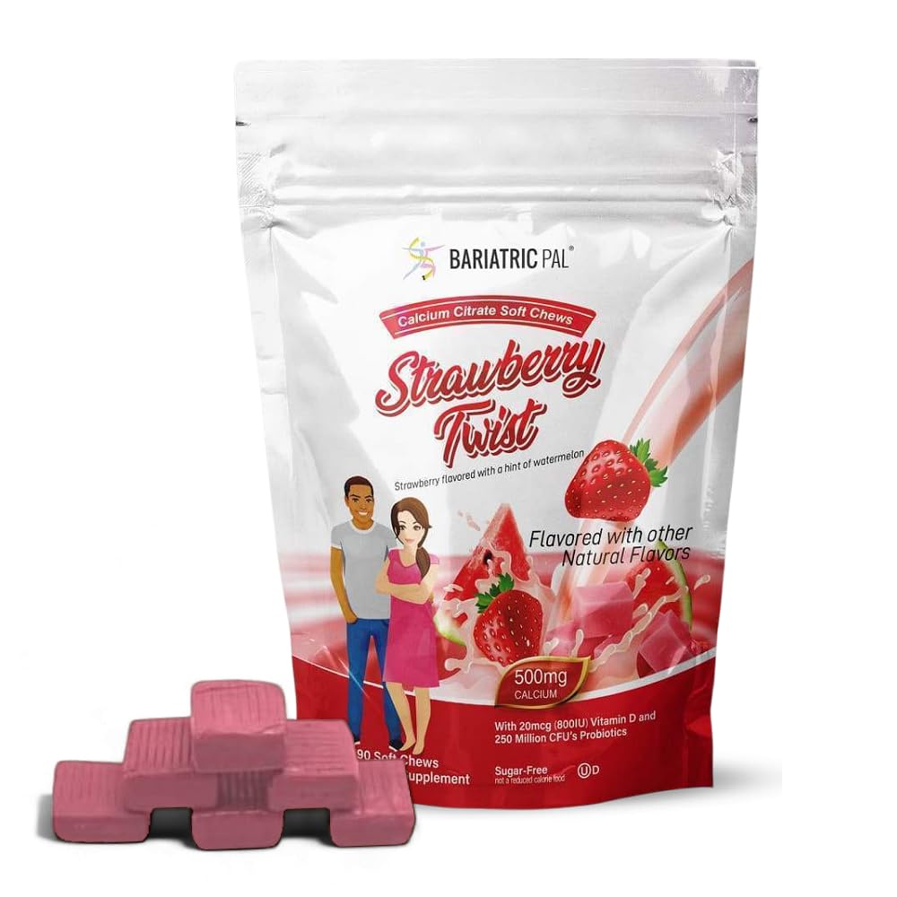 BariatricPal Calcium sans sucre Citrate doux Chews de 500mg avec vitamine D et probiotiques de fraise Twist de 90 Nombre (1 mois d'approvisionnement)