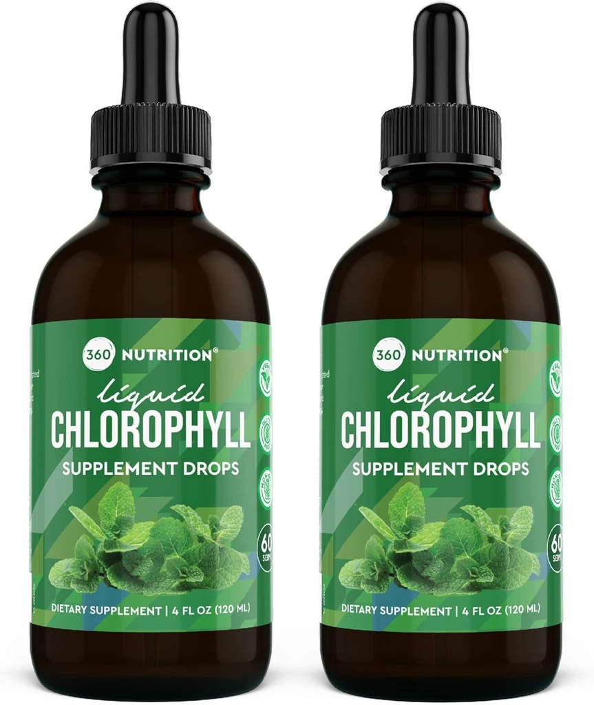 360 Nutrition Chlorophylle gouttes liquides avec huile de menthe poivrée, supplément de déodorant interne du corps GF et végétalien, soutient la santé gustative, la digestion, l'énergie, la peau radiante, l'absorption rapide (4 Fl Oz (2 comte))