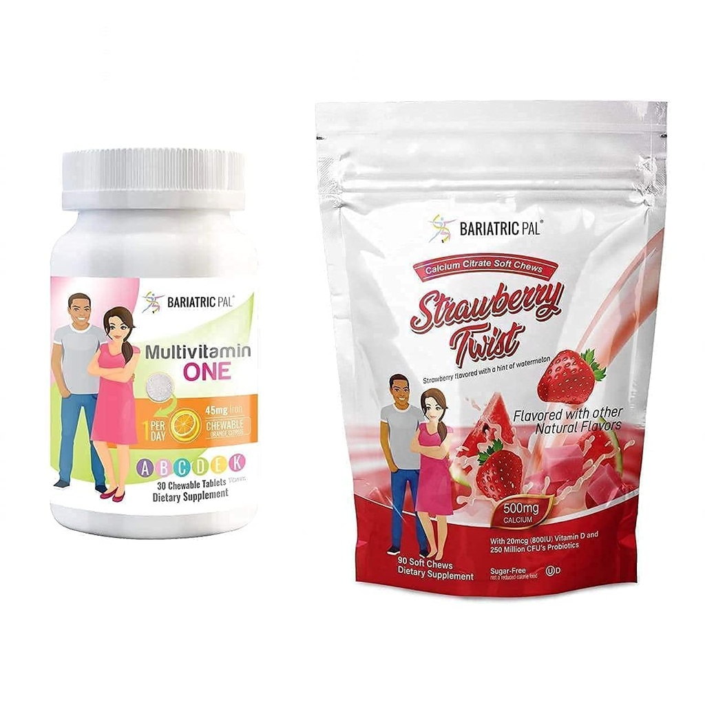 BariatricPal 30 jours Bariatric Vitamine Bundle (Multivamine ONE 1 par jour! Mâcher avec 45mg de fer - Citrus orange et Citrate de calcium Mâches douces 500mg avec probiotiques - Twist fraise)