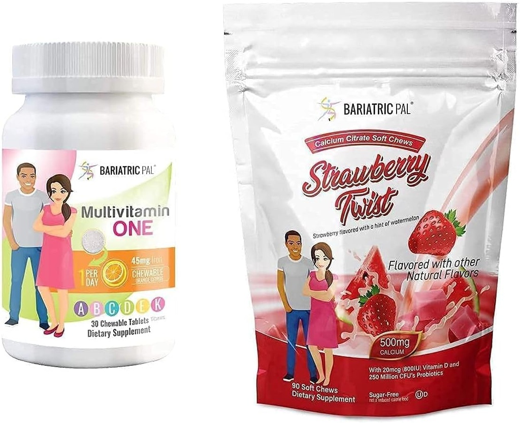 BariatricPal 30 jours Bariatric Vitamine Bundle (Multivamine ONE 1 par jour! Mâcher avec 45mg de fer - Citrus orange et Citrate de calcium Mâches douces 500mg avec probiotiques - Twist fraise)