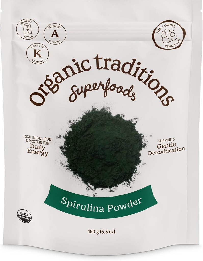 Traditions biologiques Poudre de spiruline biologique Vegan Non-OGM Superfood, 5,3 oz (150g) Sac, 50 portions par sac