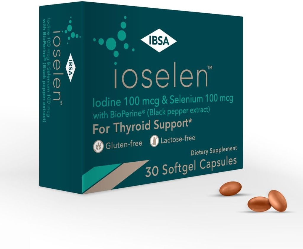 Ioselen - Supplément de soutien à la thyroïde – 100 mcg Sélénium, 100 mcg Iodine, 5mg BioPerine - 30 bouchons à gaz doux pour une biodisponibilité et une absorption accrues - Sans gluten, sans lactose, sans sucre, sans OGM