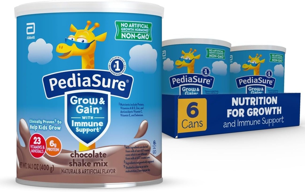 PédiaSure Grow & Gain avec support immunitaire Shake Mix Poudre, 23 Vitamines et Minéraux, 6g Protéines, Non-OGM, Sans gluten, Nutrition pour enfants, Chocolat, 14,1 oz Can, Boîte de 6-48 portions