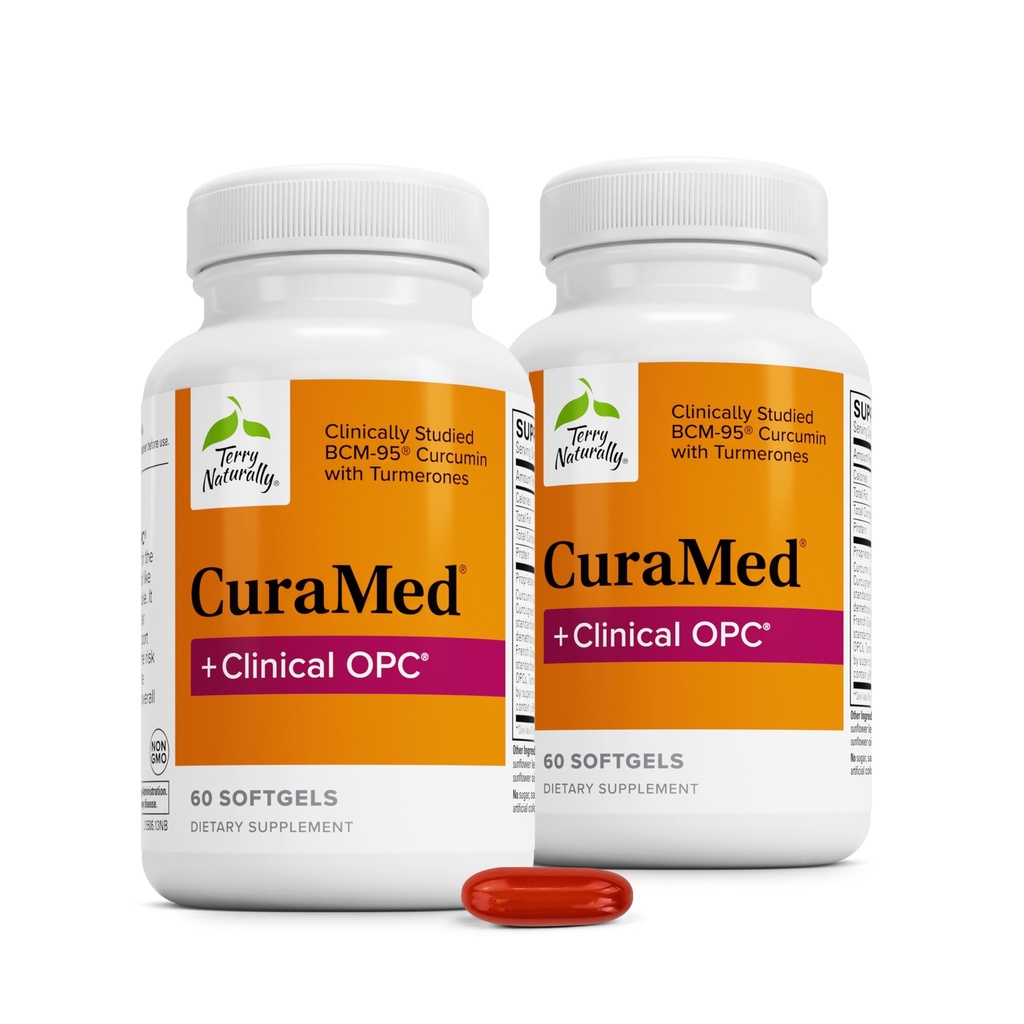 Terry naturellement CuraMed + OPC clinique - Supplément Curcumin avec extrait de graines de raisins français - Soutien du cerveau, de la prostate et du foie - Supplément avec Ar-Turmerone - 60 Softgels (2 Pack)