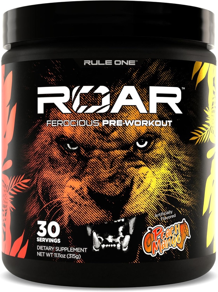 Règle 1 R1 Roar - Poudre de pré-travail avec créatine, bêta-alanine, citrulline, électrolytes et caféine (30 portions, mangue pêche)
