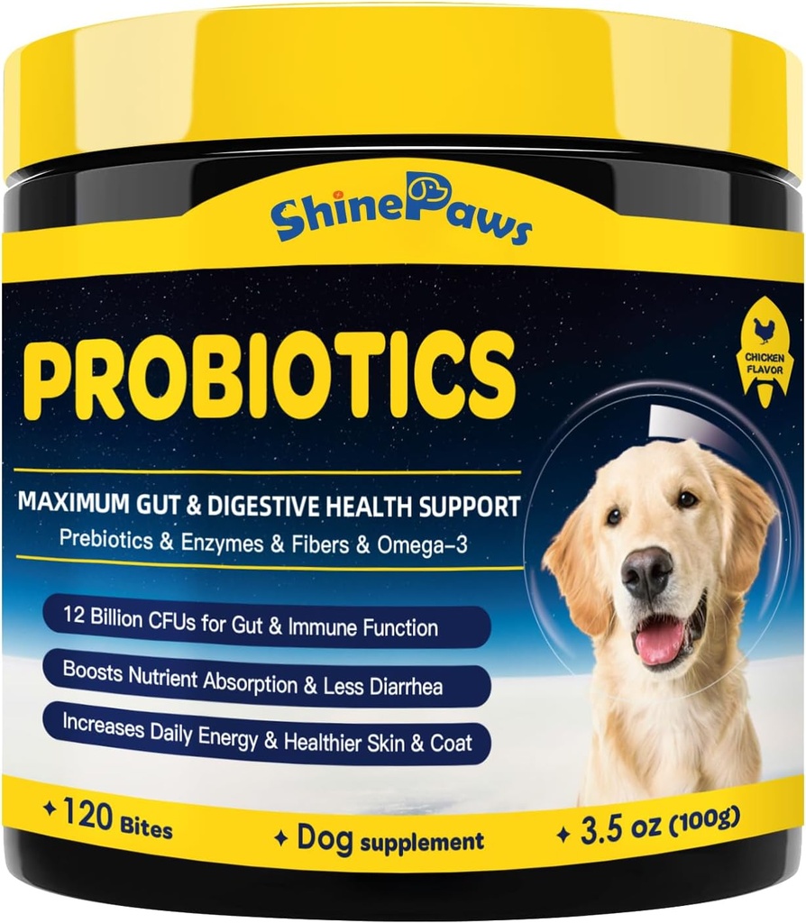 Probiotiques pour chiens - Probiotiques pour chiens pour la santé digestive, prébiotiques, enzymes, fibre et oméga-3 avec des vitamines pour promouvoir la santé intestinale, soutenir l'immunité, les allergies et la peau Itchy, 120 bits