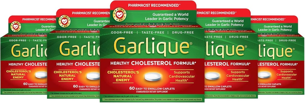 Garlique Formule de cholestérol sain avec 5000 mcg d'allicine, 60 Caplets enrobés entériques (paquet de 5)