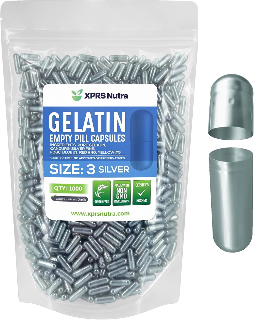 XPRS Nutra Size 3 Empty Capsules - 1000 Count Empty Gelatin Capsules - Pills DIY Capsule Filling - Pure Bovine Pill Gel Caps for Do-It-Yourself Supplements (Silver)