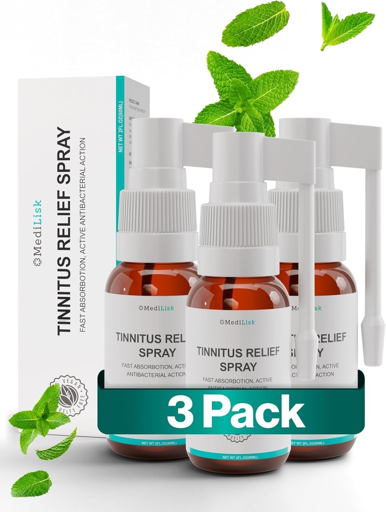 Médilisk Acouphène Relief Spray – Supporte le Relief Acouphène pour les oreilles à sonnerie – Produits d'entretien de l'oreille à base de plantes – Non stéroïdal et hypoallergénique – 1 Fl Oz – Pack de 3
