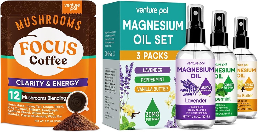 Venture Pal Mushroom Coffee & Magnesium Oil Spray Bundle: 12 en 1 Café avec Ashwagandha pour Focus & Immunity + 3 Packs Pure Magnésium Spray pour Relaxation, Sommeil & Relief Muscle - 40 portions