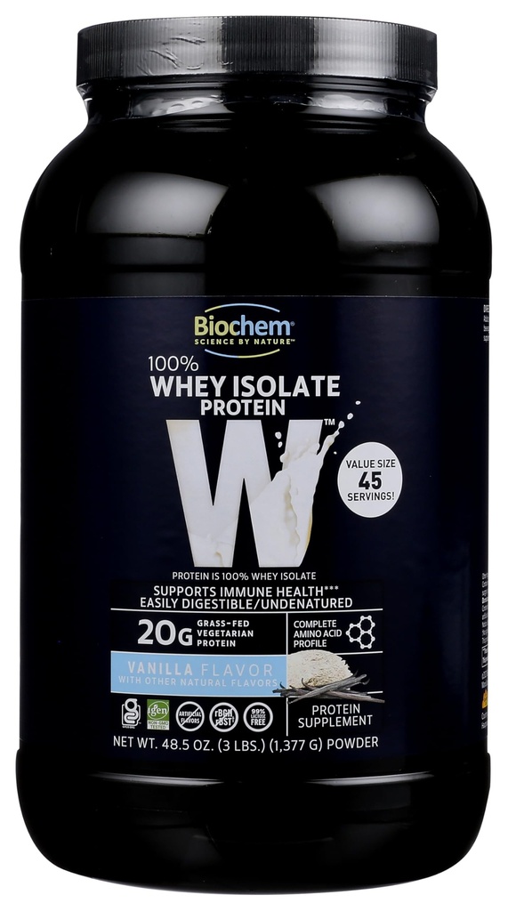 Biochem 100% Whey Isolate Protéines Poudre, Vanilla Flavor, 20g Protéines herbeuses, Céto, Sans gluten, Facilement digestible, Végétarien, 48,5 oz, 45 portions