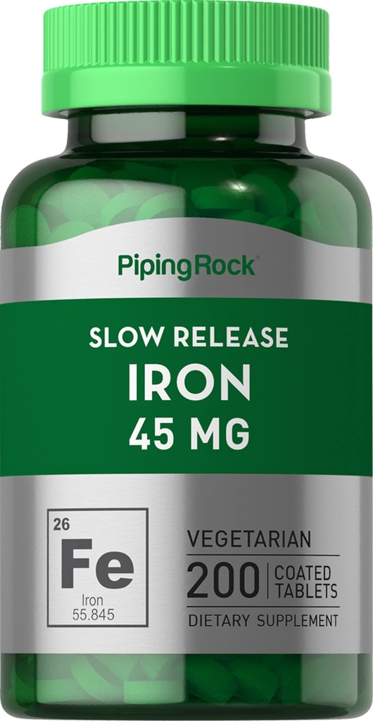 Piping Rock Iron Supplément 45 mg de 200 comprimés pour les femmes et les hommes à libération lente Sulfate de fer