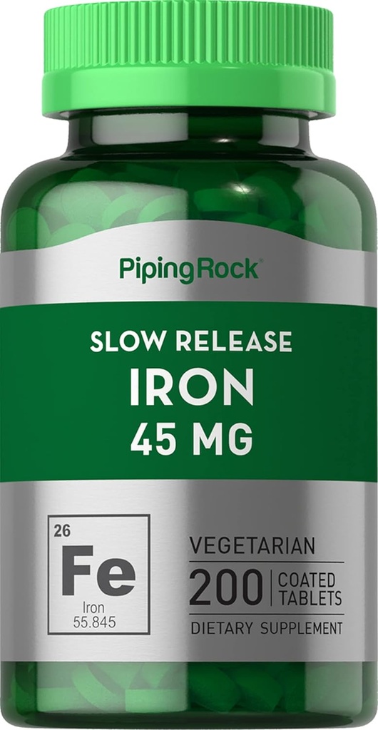 Piping Rock Iron Supplement 45 mg | 200 Tablets | for Women & Men | Slow Release Ferrous Sulfate | Vegetarian, Non-GMO & Gluten Free