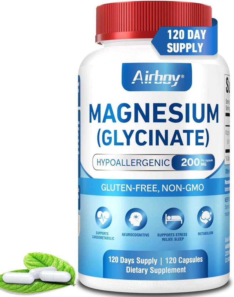 Airboy Magnésium Glycinate 200 mg, Meilleur Magnésium Glycinate pour Sommeil,120 Petites Capsules Vegan, Soutien à l'absorption élevée Relaxation, Sommeil et humeur calme, Non-OGM et Pas de gluten