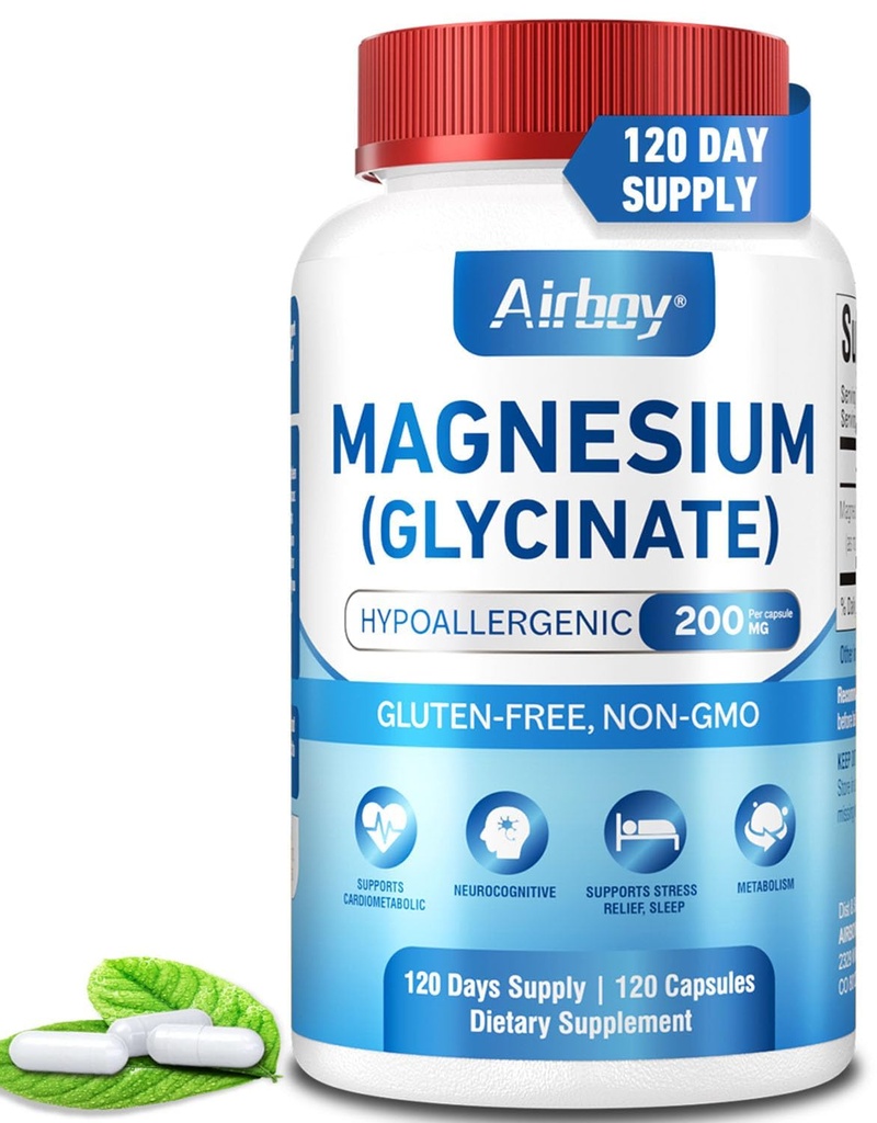 Airboy Magnésium Glycinate 200 mg, Meilleur Magnésium Glycinate pour Sommeil,120 Petites Capsules Vegan, Soutien à l'absorption élevée Relaxation, Sommeil et humeur calme, Non-OGM et Pas de gluten
