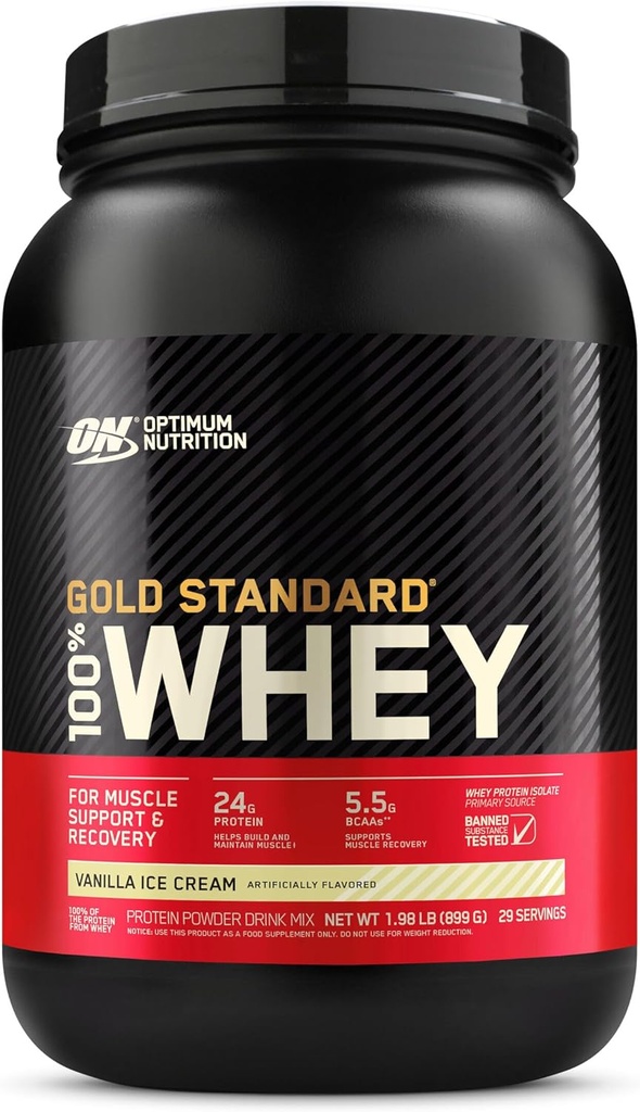 Optimum Nutrition Or Standard 100% Whey Protéine Poudre de Whey Isolas, Crème glacée Vanilla - 2 livres