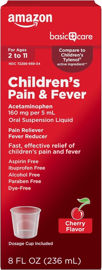 Soins de base Douleur et fièvre chez l'enfant, acétaminophène 160 mg par 5 mL Suspension buvable, goût de cerise sans colorant, réducteur de fièvre et soulagement de la douleur pour les maux de tête, la gorge douloureuse et les dents, 8 fl oz
