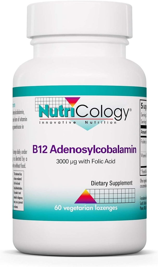 Nutricologie B12 Supplément d'adénosylcobalamine - avec acide folique, vitamine B12 3000 mcg, folate, pur B12, lozanges végétariennes - 60 Compte
