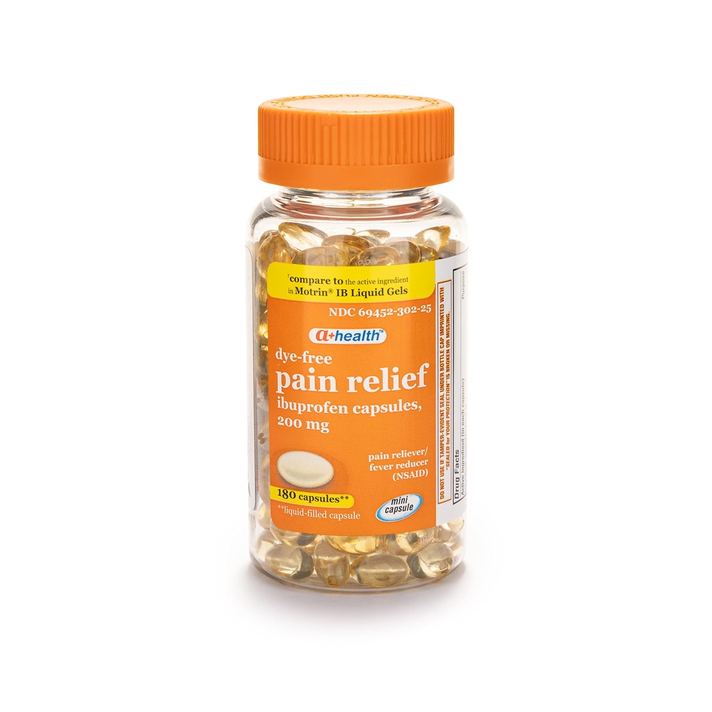 Ibuprofène sans colorant A+ Health 200 Mg Mini Softgels, analgésique/réducteur de fièvre (AINS), 180 Compte