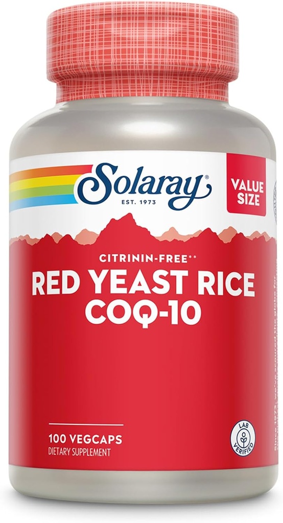 SOLARAY Red Yeast Rice Plus CoQ-10 & No-Flush Niacine Vitamine B-3, Heart Healthy & Cardiovascular Support, Non-ionisé & Citrinine Gratuit, Garantie de remboursement de 60 jours, 100 portions, 100 VegCaps