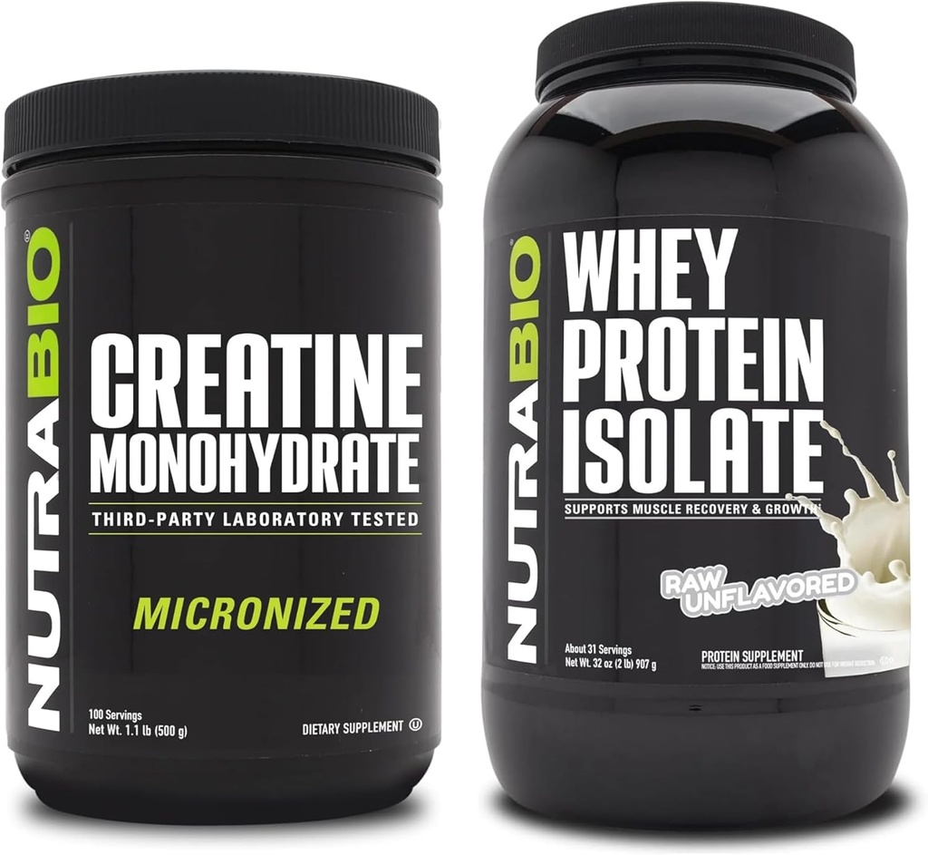NutraBio Creatine Monohydrate, Unflavored, 500g and Whey Protein Isolate, Unflavored, Supplement Bundle - Muscle Energy, Lean Muscle Growth, Recovery, and Strength