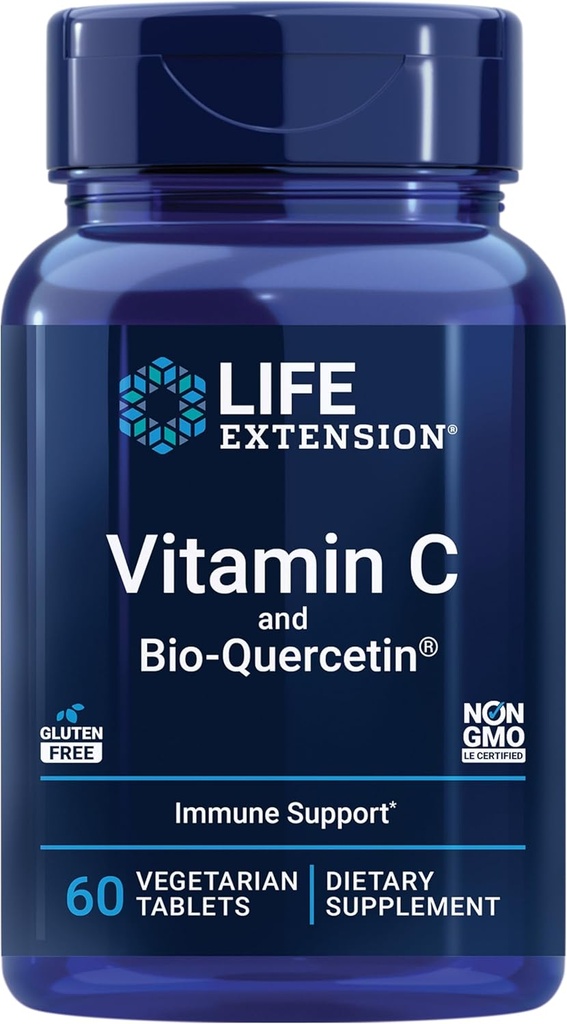 Vitamine C et Bio-Quercetin®, supplément santé cardiovasculaire, soutien immunitaire, hautement absorbant, quercétine, vitamine C, sans gluten, sans OGM, végétarien, 60 comprimés