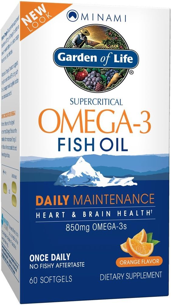 Garden of Life Huile de poisson Omega 3 EPA/DHA pour la fonction cérébrale naturelle, le coeur et l'humeur, 850mg suppléments acides gras, Minami - orange saveur ultime une fois par jour, 60 Softgels